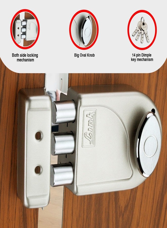 Link Heavy-Duty Main Door Rim Lock with 14-Pin Dimple Key Technology, Big Oval Brass Knob, and 3 Dead Bolts | Silver | 10 Years Warranty - Image 2